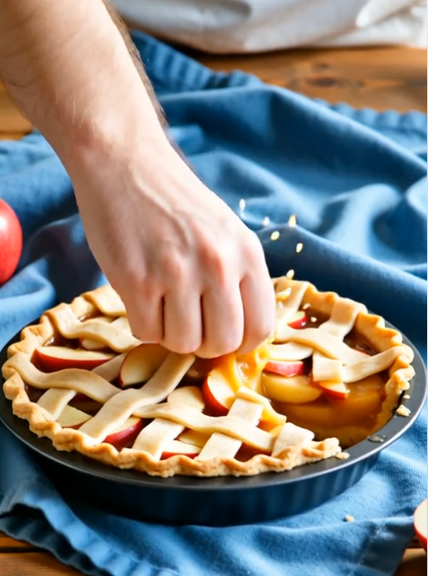 A fist is seen punching an apple pie